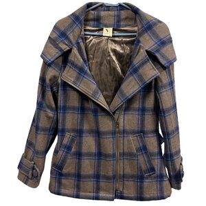 V Los Angeles Wool Blue Gray Plaid Zip Pea Coat Jacket Hooded Double Breasted L
